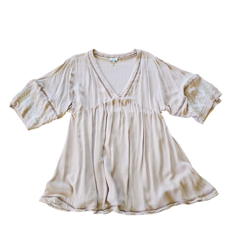 TOBI Beige Women's Boho V Neck Tunic Top Embroidery Lace edging size M